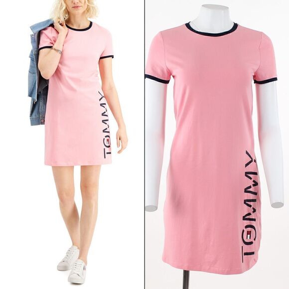 Tommy Hilfiger Vertical Logo Dress English Rose - Picture 1 of 5